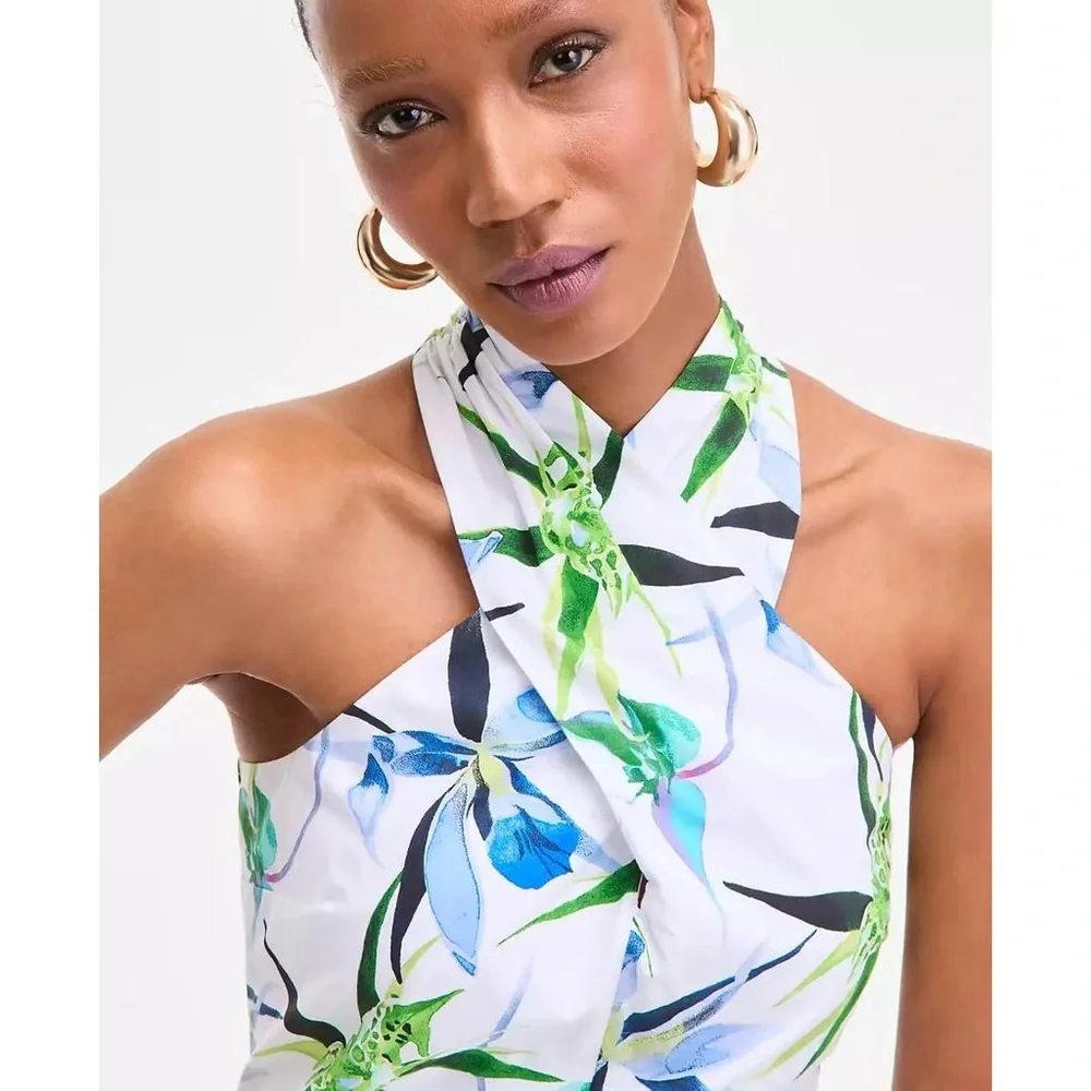 NWT INC International Concepts Floral Print Halterneck Top White & Blue Size 14 - Picture 4 of 6